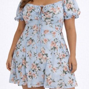 Lulus Blue Floral Off-Shoulder Puff Sleeve Mini Dress XL NWT
